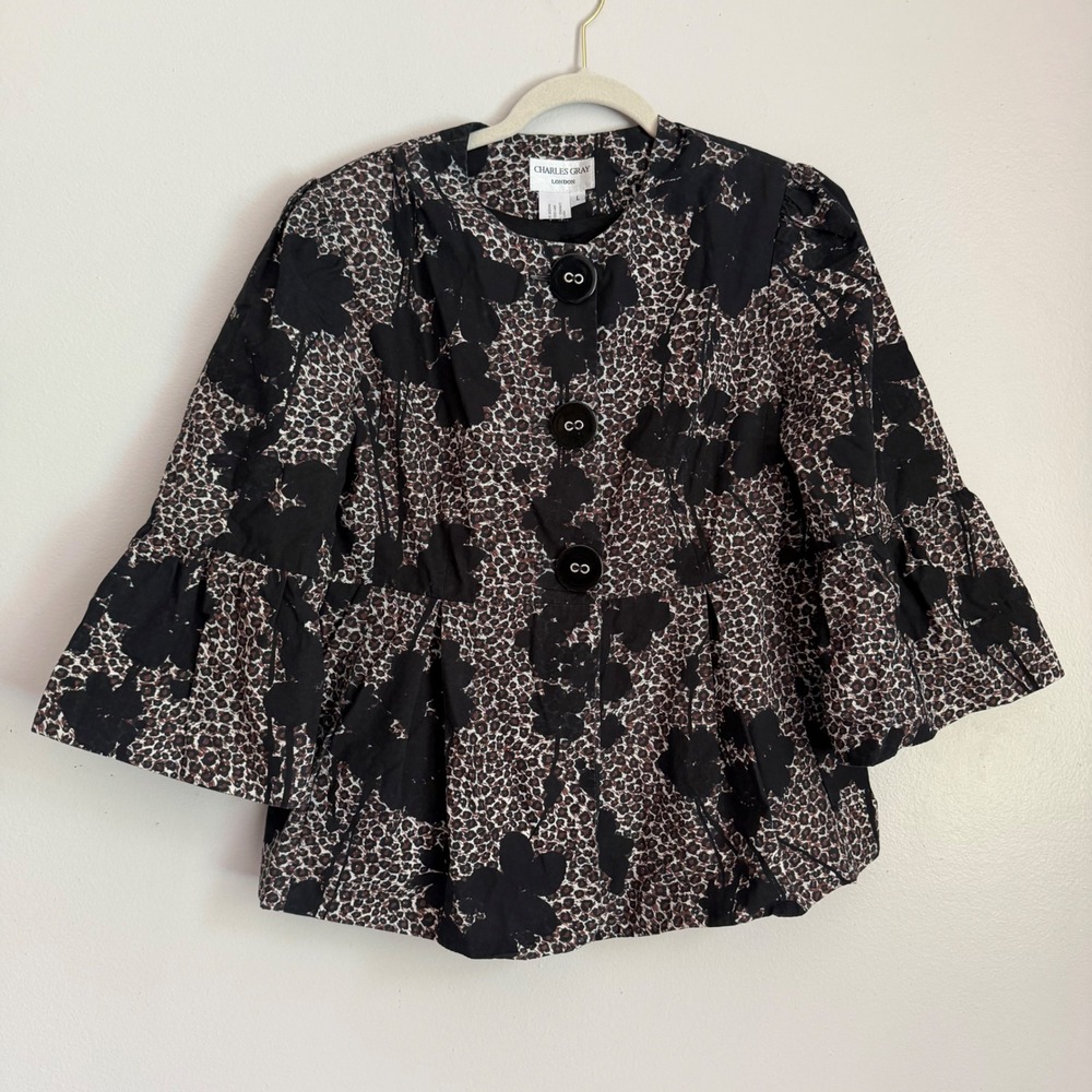 Charles Gray London Leopard Floral Peplum Jacket Ruffle Bell Sleeve Black Large